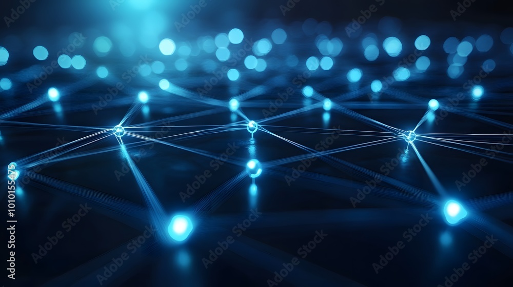 Poster a blue background with a lot of lines and dots. the lines and dots are connected to each other in a 
