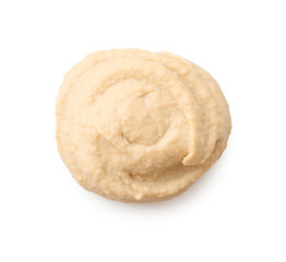 Sample of delicious hummus isolated on white, top view
