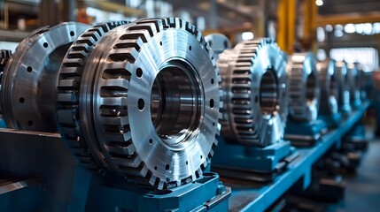 Obraz premium A man is working on a large machine with many gears. The man is wearing a blue shirt and gloves