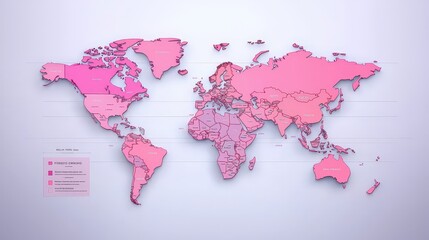 Pink 3D World Map Illustration with Country Borders and Names