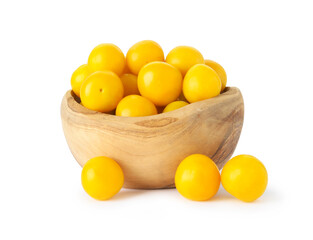 Fresh ripe yellow plums in bowl isolated on white