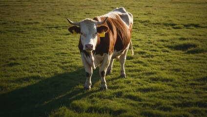 Naklejka premium Brown and white cow with horns standing calmly in grassy field