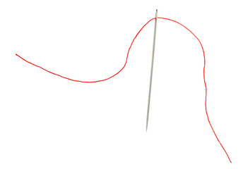 Sewing needle with red thread isolated on white