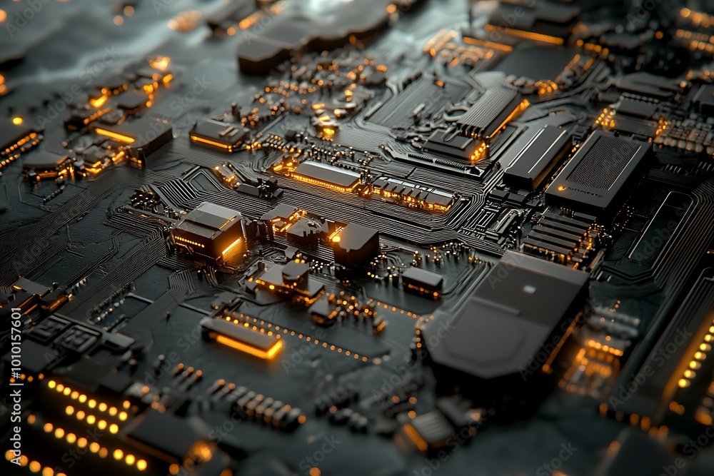 Poster close-up of a modern circuit board with glowing components