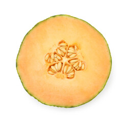 Half of fresh Cantaloupe melon isolated on white, top view