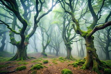 Obraz premium Enchanting foggy forest with twisted trees