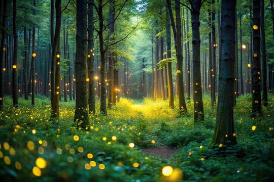 Enchanting forest with magical fireflies illuminating the trees at night