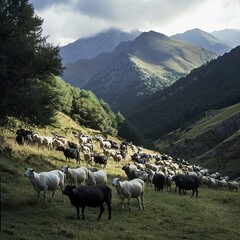 Fototapeta premium Flock of Sheep Grazing in a Mountain Valley