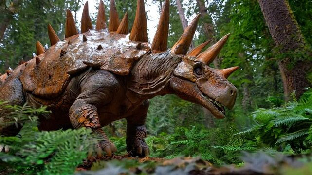 A spiky dinosaur with orange and brown scales walks through a lush green forest.