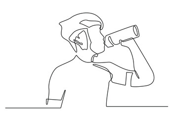 continuous line of cyclist drinking.one line drawing of cyclist drinking bottled water.one line vector isolated white background