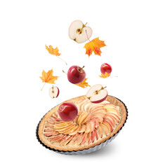Autumn cake, apples and orange leaves in air on white background