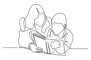 continuous line of child studying at home with parents.one line drawing of parents guiding child learning at home.one line vector of accompanying learning at home