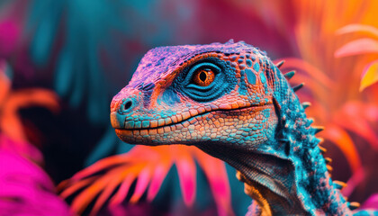 Fototapeta premium Vibrant, colorful depiction of a dinosaur in a surreal jungle setting with glowing hues of pink, orange, and blue, highlighting its intricate scales and curious expression.