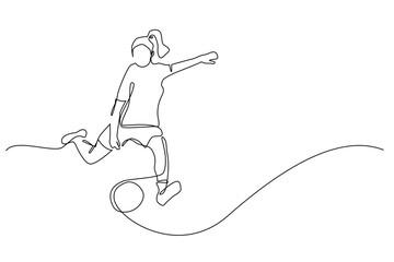 continuous line of women's soccer.single line vector of female soccer player.line art of female soccer player preparing to kick the ball.isolated white background