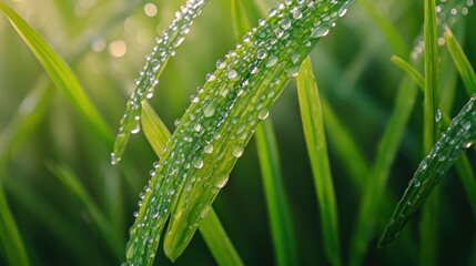 Fototapeta premium Dew Drops on Green Grass Blades