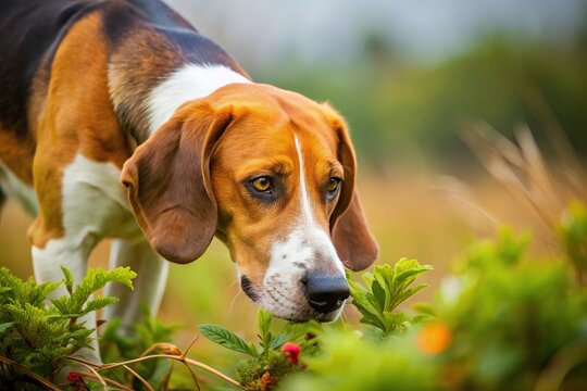 English foxhound sniffing to follow the scent during foxhunts High Angle