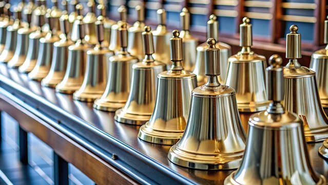 English handbells on a wooden table