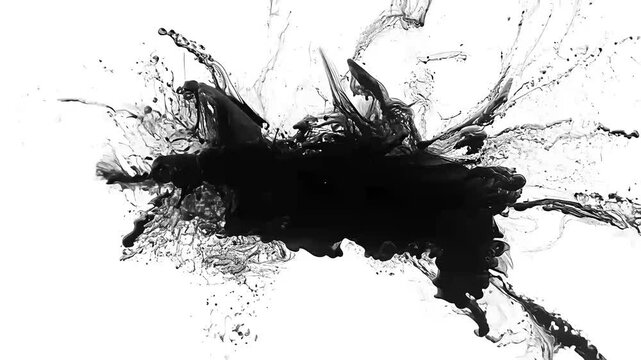 contemporary 4K black and white animation abstract ink splatters paint drops spreading dynamically center creatingunique visual modern artistic projects transition black blot spill splash splatter