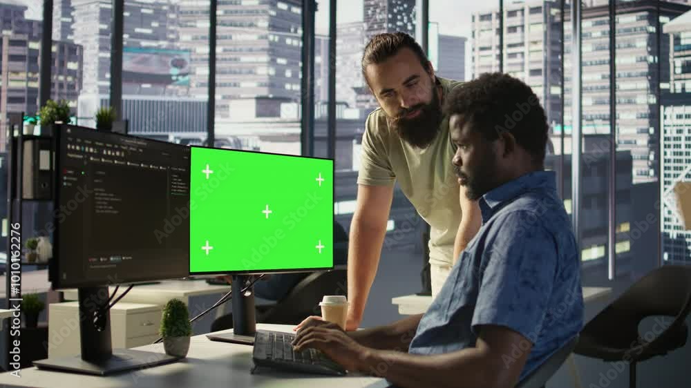Poster admin doing software debugging on green screen pc, asking for help from coworker, checking errors in