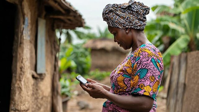 A woman in a colorful headscarf and dress uses a mobile phone in front of a rustic building in a rural setting.