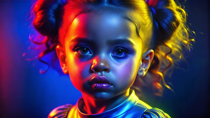 Adorable portrait of a young black girl with curly hair and a thoughtful expression against a colorful background