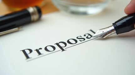 Fountain pen and proposal document on a desk with glass