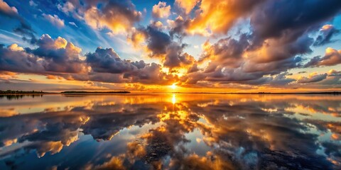 Epic cloudy sunset or sunrise landscape reflected in water