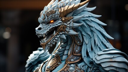 Fototapeta premium A detailed depiction of a mythical dragon statue with intricate scales and glowing red eyes.