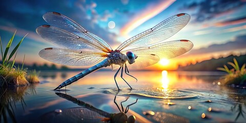 Ethereal dragonfly hyper realistic macrophotography and epic landscape composition