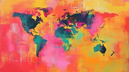 Naklejka premium A colorful abstract world map on a vibrant background, emphasizing global connectivity.