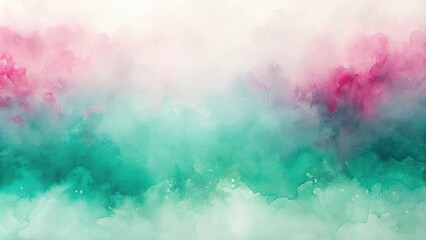 Fototapeta premium Ethereal mint green and magenta watercolor blend on white canvas Panoramic