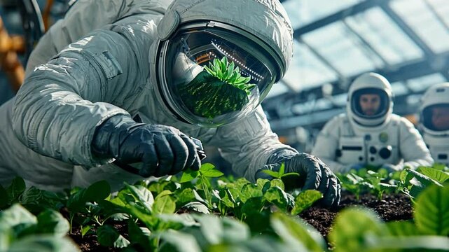 An astronaut in a white spacesuit tends to a garden of green plants, possibly on a space station or other extraterrestrial environment.