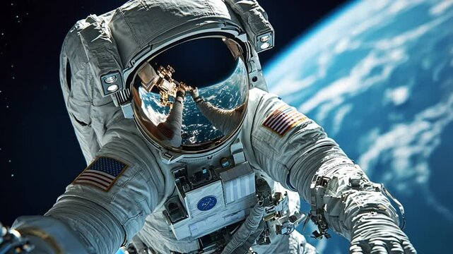 Astronaut in space suit floating above Earth with American flag patch on his arm, close-up view of his helmet and reflective visor showing reflection of Earth.