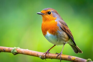 European robin perched on branch with green background