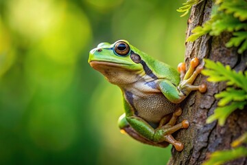 Naklejka premium European tree frog Hyla arborea climbing tree in woods