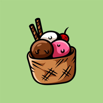 recommend clip art: three ice cream on cup drawing coloring line art style sketch classic vintage design illustration