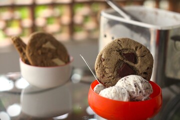 chocolate chip ice cream and cookie in vintage dessert cup