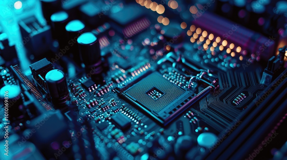 Poster close-up of a computer motherboard with a cpu socket in blue and purple lighting