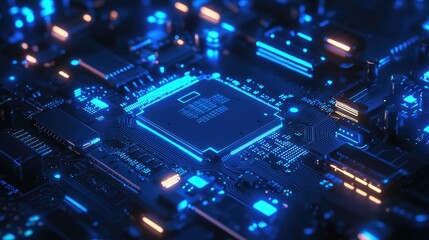 Fototapeta premium Glowing Blue Processor on a Motherboard