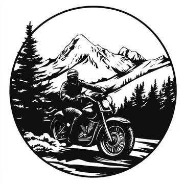 motorcycle rider mountain landscape black and white clip art preview