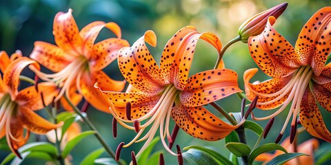 Exotic tiger lilies with spotted petals in silhouette against a background