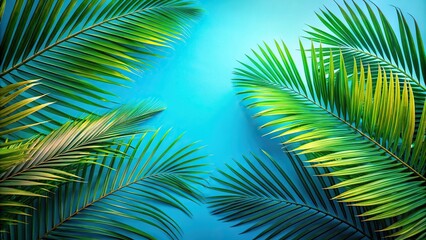 Naklejka premium Exotic tropical palm leaves against blue backdrop nature background