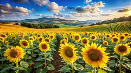 Fototapeta premium Expansive sunflower field with hillside backdrop