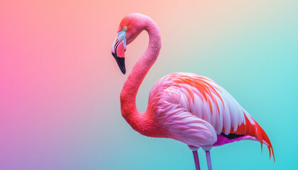 Fototapeta premium A vibrant pink flamingo stands gracefully against a gradient pastel background, showcasing its elegant pose and striking plumage.