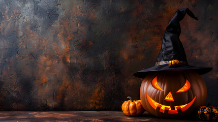 on a dark background , jack-o-lantern in a witch hat with space for text, halloween banner with copy space