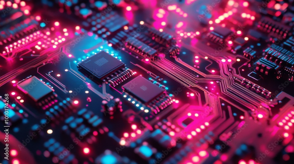 Poster close up of a computer circuit board with glowing lights.