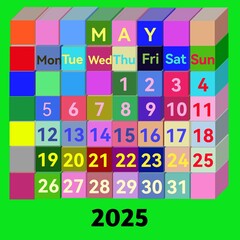 media concept,Calendar for the month of may , using a 3d cube. Vector illustration