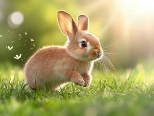 Obraz premium Adorable Brown Bunny Hopping Through Lush Green Grass