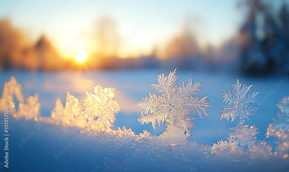 Poster close-up of frozen window pane with intricate frost patterns