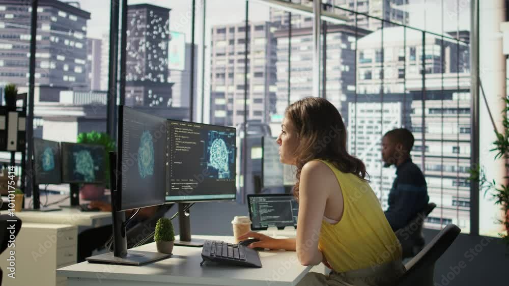Poster admin and coworker conducting experiments and tests to optimize ai machine learning models for perfo